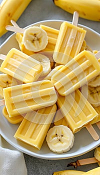 Vibrant vegan banana ice cream popsicles, frozen fruit lollypops for a cool, guilt free treat photo