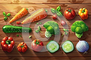 Vibrant Vegetable Assortment on a Wooden Surface, Freshness and Natural Textures Emphasized