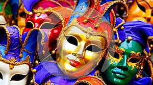 Vibrant Venetian masks with feathers and glitter, embodying flamboyance of a masquerade