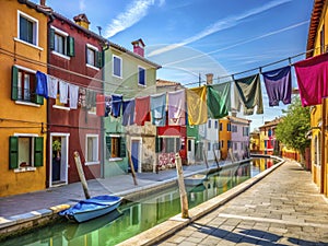 Vibrant Venetian Washday Colorful Clothes Drying on a Sunny Italian Laundry Line a Picturesque Backstreet Scene photo