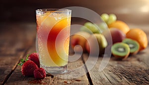 A vibrant video still of a layered fruit juice in a glass on a rustic wooden table, captured from a low angle with fresh