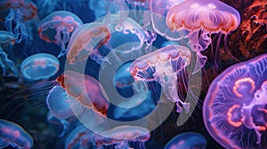 Vibrant view of jellyfish swimming gracefully in a blue aquatic environment