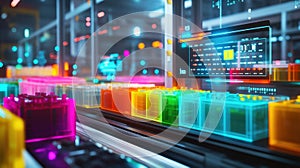 A vibrant view of a microfactorys production area highlighting colorful bins filled with interchangeable parts and a