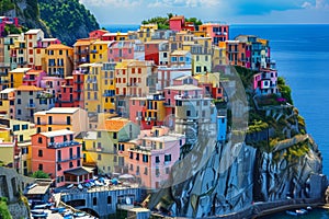 A vibrant village built on the edge of a cliff, providing sweeping views of the ocean, A colorful Italian coastal village, AI