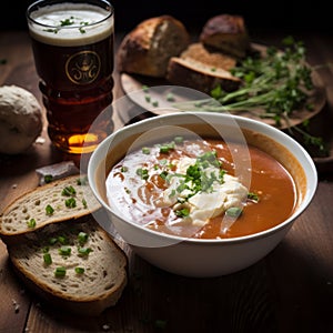 Vibrant Villagecore: Captivating Schlieren Photography Of A Wooden Table With Soup And Beer