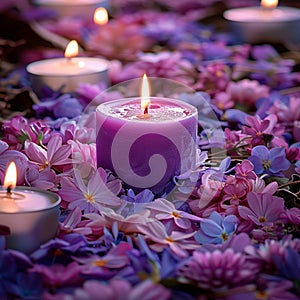 Vibrant violet candle amidst delicate pink and purple flower petals