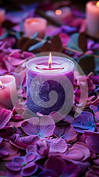 Vibrant violet candle amidst delicate pink and purple flower petals