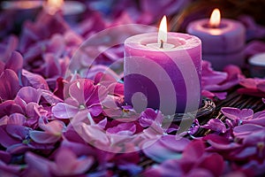 Vibrant violet candle amidst delicate pink and purple flower petals