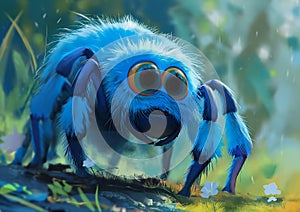 Vibrant Visions: A Closeup Look at a Spunky Blue Spider on a Flu