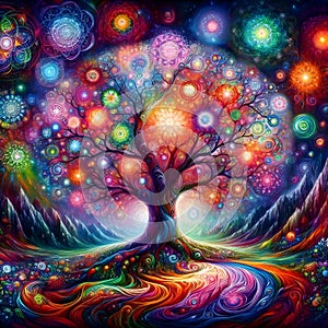 A vibrant and vivid representation of the tree of life adorned with swirling colors and bubbles.