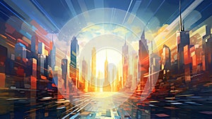 Vibrant Vortexes Engulf Futuristic Cityscape at Sunset