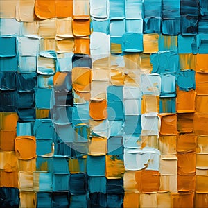 Vibrant Voxel Art: Abstract Painting With Cyan, Amber, And Impasto Texture
