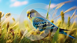 Vibrant Vray Tracing Art: Budgerigar Grazing In A Soft Romantic Field