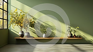 Vibrant Vray Tracing: Three Potted Plants On Olive Wall Mockup