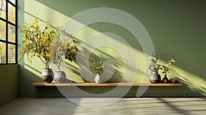 Vibrant Vray Tracing: Three Potted Plants On Olive Wall Mockup photo