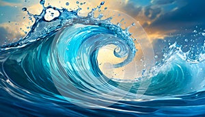 Vibrant water tornado, realistic vector with whirlwind, swirl, and splashes. In blue