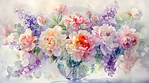 Vibrant Watercolor Bouquet of Pastel Peonies Roses and Lilacs in a Glass Vase with Soft Flowing Brushstrokes and Hazy Serene photo