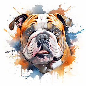 Vibrant Watercolor Bulldog Portrait: Hyper-realistic Animal Illustration