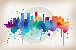 Vibrant watercolor city skyline painting for an art event logo