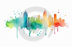 Vibrant watercolor city skyline painting with rainbow colors