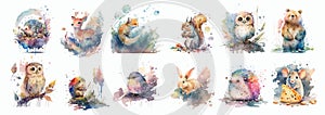 Vibrant Watercolor Collection of Forest Animals: Detailed Artistic Illustrations of Hedgehog, Deer, Fox, Squirrel, Owls