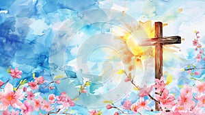 Vibrant Watercolor Cross and Cherry Blossoms