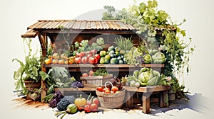 Vibrant watercolor farmers\' market stand with fresh, colorful produce in an eco-friendly, rustic setting