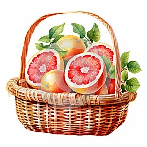 Vibrant Watercolor Grapefruit Illustration In Picnic Basket