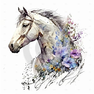 Vibrant Watercolor Horse with a Floral Bridle - Generative AI