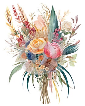 Vibrant Watercolor Illustration of an Elegant Boho Wedding Bouquet.
