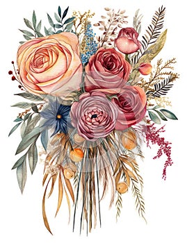 Vibrant Watercolor Illustration of an Elegant Boho Wedding Bouquet.