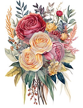 Vibrant Watercolor Illustration of an Elegant Boho Wedding Bouquet.