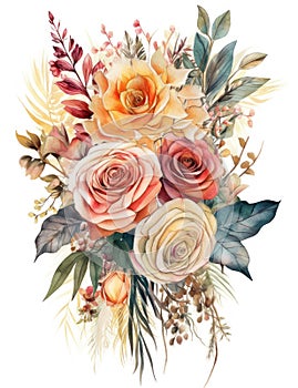 Vibrant Watercolor Illustration of an Elegant Boho Wedding Bouquet.