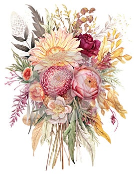 Vibrant Watercolor Illustration of an Elegant Boho Wedding Bouquet.