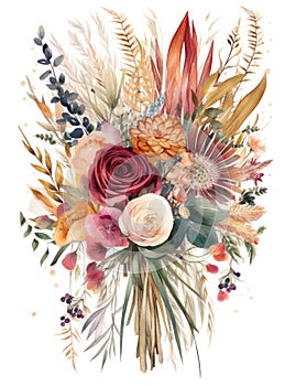 Vibrant Watercolor Illustration of an Elegant Boho Wedding Bouquet.