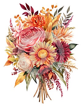 Vibrant Watercolor Illustration of an Elegant Boho Wedding Bouquet.