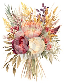 Vibrant Watercolor Illustration of an Elegant Boho Wedding Bouquet.