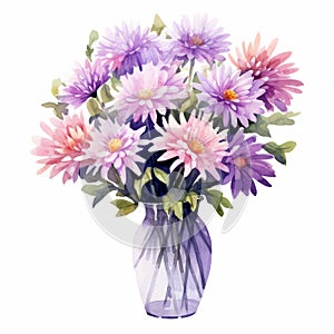 Vibrant Watercolor Illustration Of Purple Flowers In A Vase