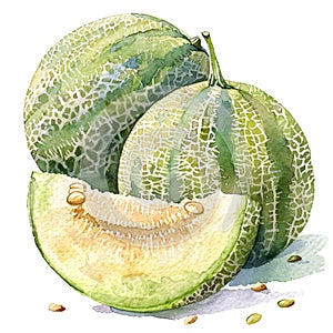 A vibrant watercolor illustration of a ripe melon and slice, with detailed seeds and juicy flesh