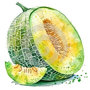 A vibrant watercolor illustration of a ripe melon and slice, with detailed seeds and juicy flesh