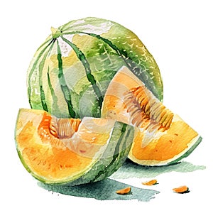 A vibrant watercolor illustration of a ripe melon and slice, with detailed seeds and juicy flesh