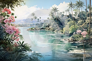 Vibrant watercolor illustration of a serene tropical riverside landscape