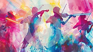 A vibrant watercolor illustration showcasing a hitech economy where a group of musicians wield lightsabers symbolizing harmony and