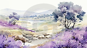 Vibrant Watercolor Landscape Painting With Lavender And River Stream