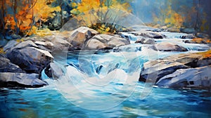 Vibrant Watercolor Landscape: River In The Forest Painting