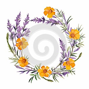 Vibrant Watercolor Marigold Wreath With Pressed Lavender Flowers