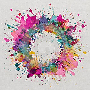 Vibrant watercolor paint splash wreath design on a textured white background