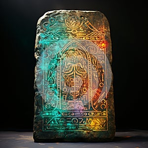 Vibrant Watercolor Painting of Ancient Stone Tablet with Mysterious Inscriptions
