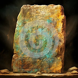 Vibrant Watercolor Painting of Ancient Stone Tablet with Mysterious Inscriptions