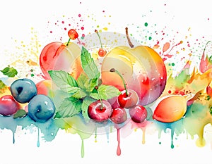 A vibrant watercolor painting of assorted fruits with splashes of color. Apples, cherries, and blueberries are depicted vividly